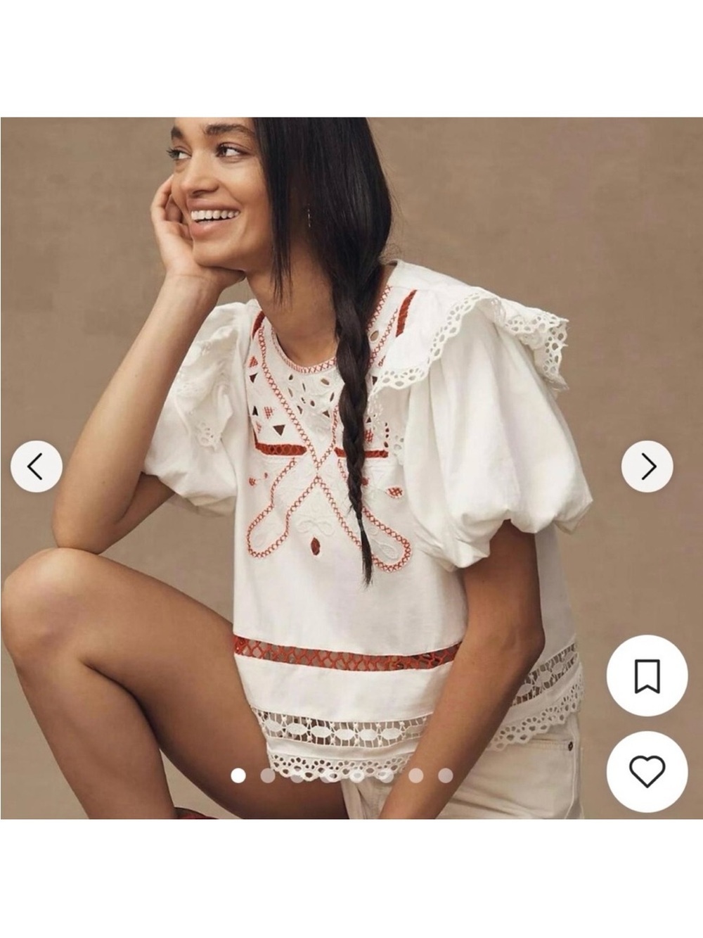 Anthropologie White Eyelet Blouse with Red Embroidery
